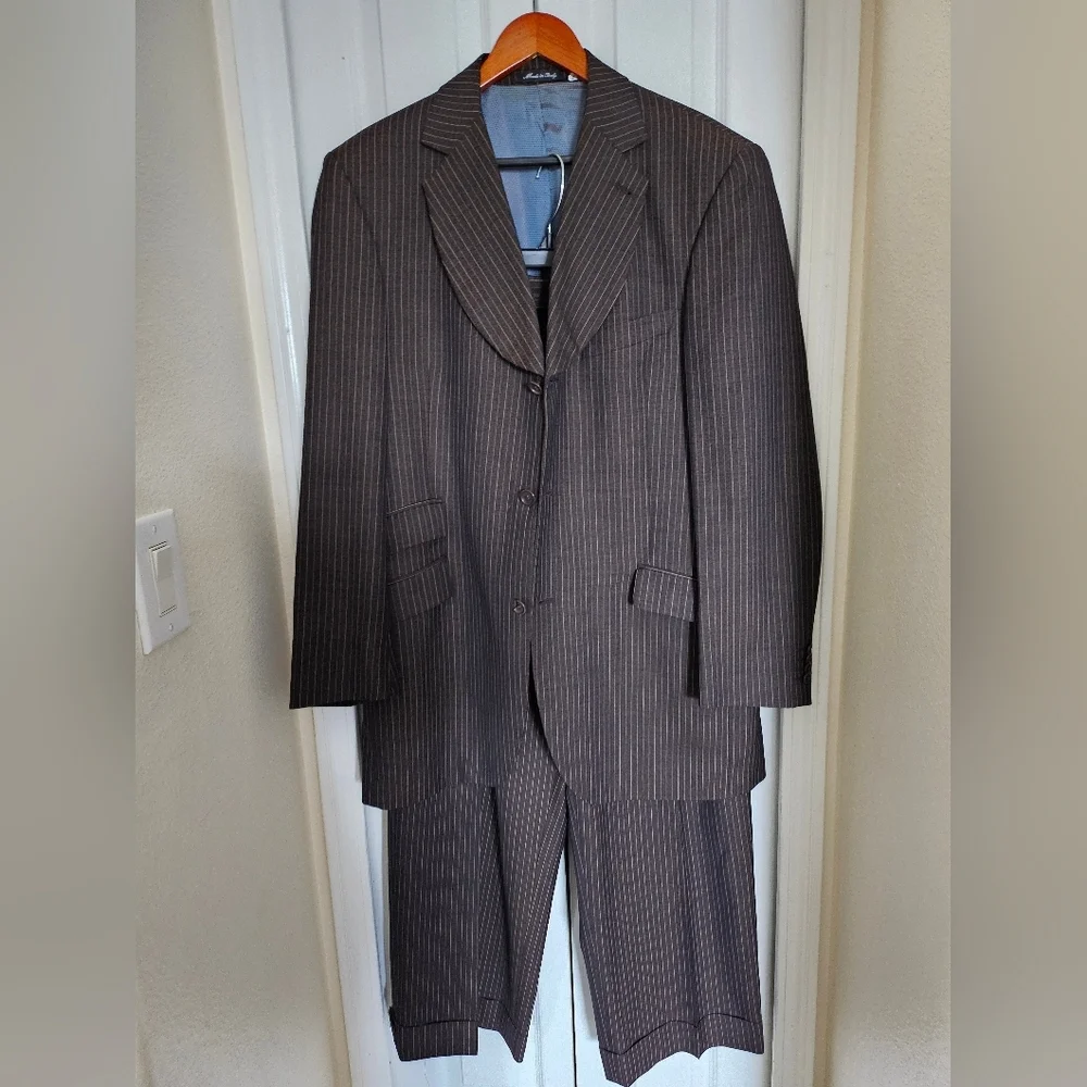 ZE Zanetti Super 140’s Wool Suit Made In Italy Brown Pinstripe Blazer Pant 42.